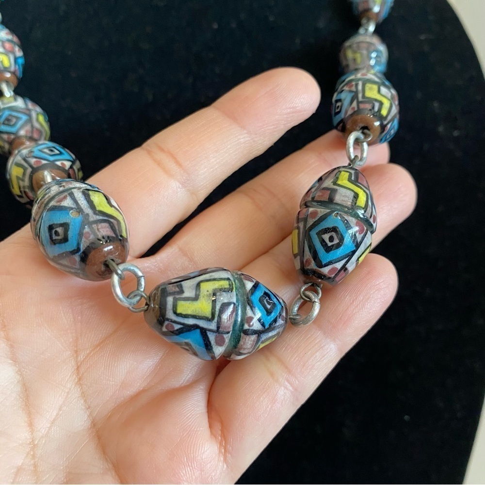 Vintage Hand Painted Glazed Clay Art Chunky Beaded Statement Necklace Colorful